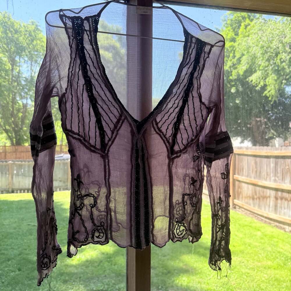 Vintage Age Mauve Sheer Crinkle Rayon Embroidered Boho Top - Picture 4 of 14